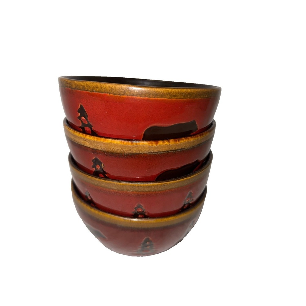 Home Studio Woodland Red Stoneware Bowls Black Bear Pine Tree Rustic Lodge 6"